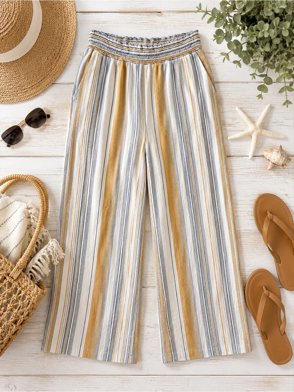 Land ‘N Sea Linen Blend Pants M Wide Leg Cropped Striped Pull On Coastal Beach